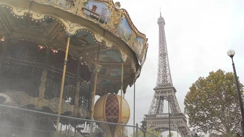 A Low Angle View of a Carousel and the Eiffel Tower, Paris, France. Stock Footage 158943887