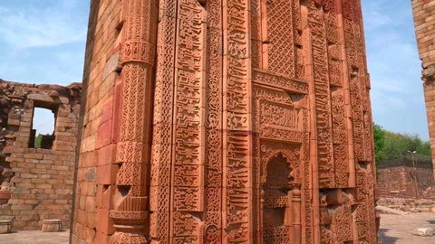 Low angle view of carved red sandstone tomb of Iltutmish in New Delhi India Stock Footage 342269376