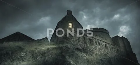 Low angle view of castle on rocky hill Stock Photos