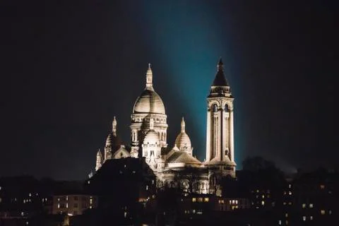 Low angle view of Cathedral against sky in city during night 스톡 사진