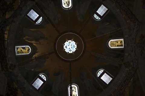 Low angle view of cathedral ceiling . Temple of the Holy Equal-to-the-Apost.. Stock Photos