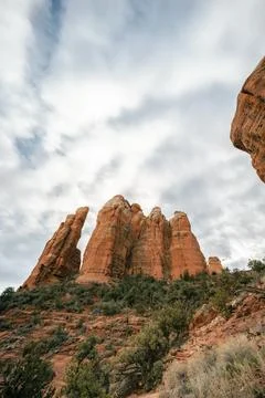 Low angle view of Cathedral Rock in Sedona Arizona on trail approach. Stock Photos
