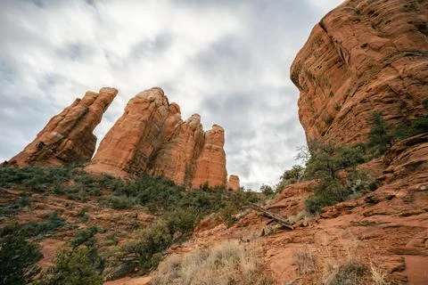 Low angle view of Cathedral Rock in Sedona Arizona on trail approach. Stock Photos