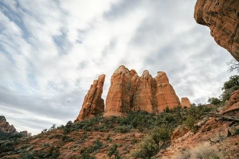 Low angle view of Cathedral Rock in Sedona Arizona on trail approach. Stock Photos