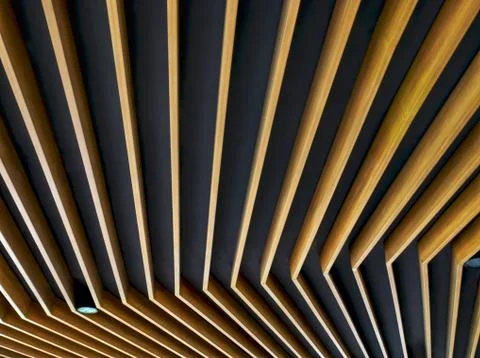 Low Angle View of Ceiling Decorative Wooden Planks with Lamp Stock Photos