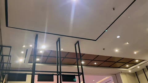 Low angle view of the ceiling design with spotlights. Stock Footage 320500493