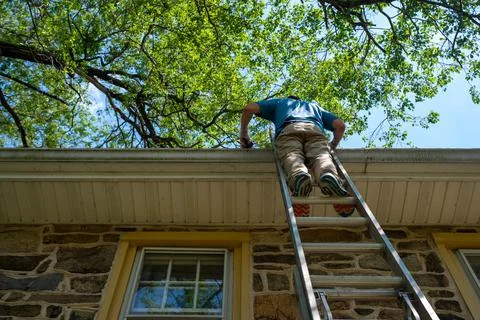 Low angle view of off center man on ladder cleaning gutters of a stone home Stock Photos
