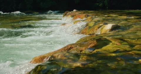 Low angle view of Cetina river cascading over mossy rocks in summer Croatia Video stock 313705802