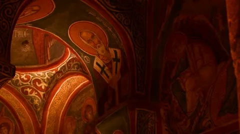 Low angle view of Christian painted ceilings in a cave near Cappadocia, Turkey. Video stock 20012815
