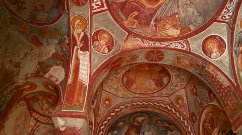 Low angle view of Christian painted ceilings in a cave near Cappadocia, Turkey. Stock Footage 20022672