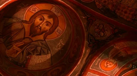 Low angle view of Christian painted ceilings in a cave near Cappadocia, Turkey. Stock Footage 20024617