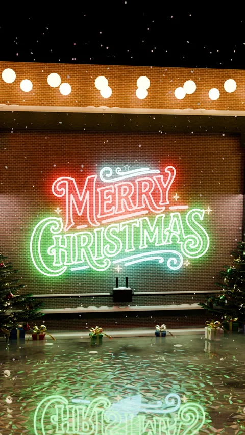 Low Angle View of Christmas Neon Sign Above Gifts, Vertical 9:16 4K Видео 347362846