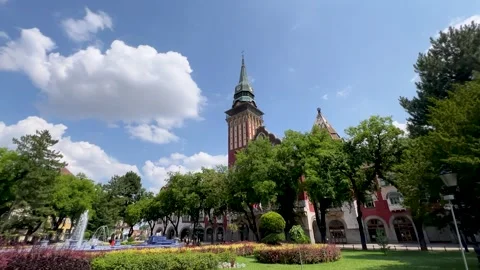 Low Angle View of Church Tower in Subotica and Cloudy Sky Stock Footage 309303050