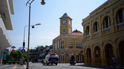 Low Angle View Clock Tower, Phuket Town, Thailand Stock Footage 85414292