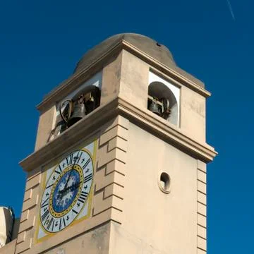 Low angle view of clock tower, Piazza Umberto, Capri, Campania, Italy Stock Photos