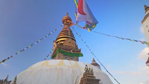 Low Angle View Colorful Prayer Flags Over Famous Kathmandu Temple Swayambhunath Stock Footage 323163921
