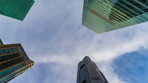 Low angle view of Commercial buildings in Central Business District Stock Footage 76837873
