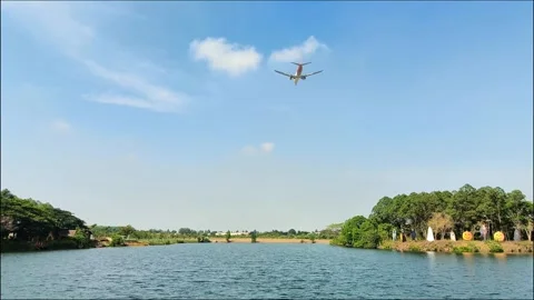 Low angle view of a commercial plane passing over the park lake, taken whil.. Stock Footage 295736068