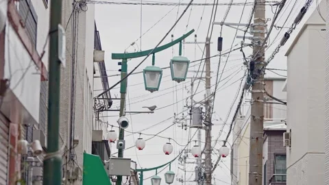 Low angle view of complex utility poles with street lamps and festive paper Vidéo 333098977