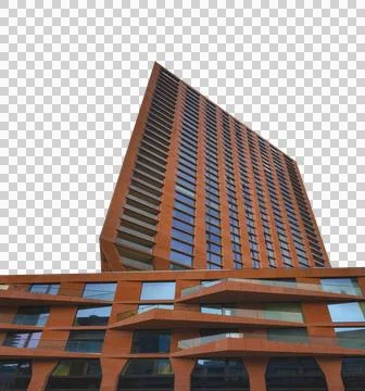 Low-angle view of a contemporary high-rise with a warm terracotta facade Foto stock