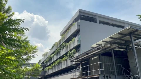Low angle view of contemporary urban building under a bright blue sky . Stock Footage 323718663