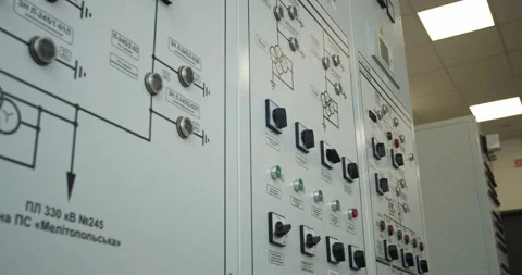 Low angle view at the control panel on a transformer at the factory, 4k Stock Footage 145061382