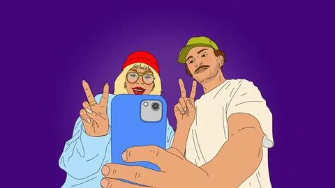 Low angle view of cool young man and woman gesturing peace sign, posing for Stock Illustration
