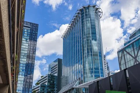 Low angle view of corporate office towers in downtown Stock Photos