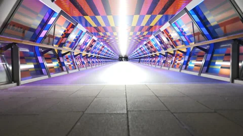 A low angle view of a covered bridge with colourful shapes patterns. Stock Footage 167340150