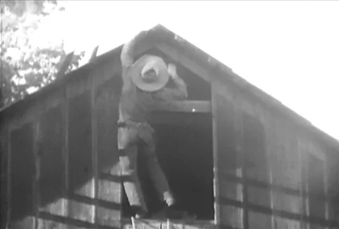 Low angle view of cowboy hoisting himself to barn roof to escape, 1930s Vídeos de archivo 95997412