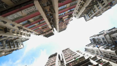 Low angle view of crowded residential towers in an old community in Hong Kong Stock Footage 91248747