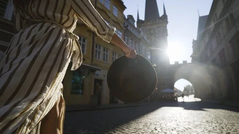 Low angle view dancing girl on street in shining Stock Footage 114246924