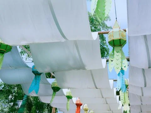 Low Angle View of Decorative Hanging Lanterns at Thai Festival Stock Photos