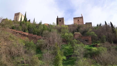 Low angle view of the defensive walls and towers of Alhambra Fortress in Granada Stock Footage 255412013