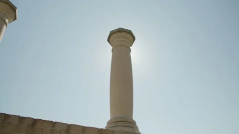 Low Angle View of Detailed Round Column on a Ruin in the Sky on a Sunny Day Stock Footage 166145044