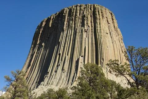 Low Angle View of Devils Tower National Monument in Wyoming. Stock Photos
