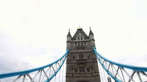 Low angle view drone dolly shot under the iconic Tower Bridge in London, UK Stock Footage 94722988