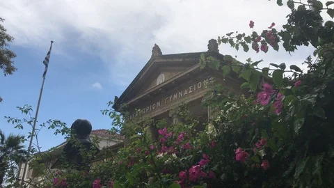 Low Angle View during rain of Pancyprian Gymnasium Stock Footage 90487383