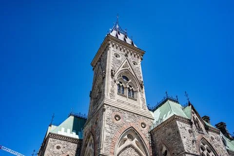 Low angle view of East Block tower on Parliament Hill. Ottawa, Canada - June 24, Stock Photos