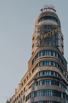 Low angle view of Edificio Capitol on Gran Via, Madrid, Spain. Stock Photos