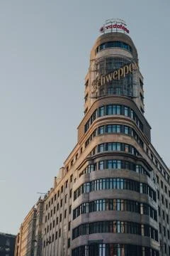 Low angle view of Edificio Capitol on Gran Via, Madrid, Spain. Stock Photos