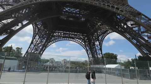 A low angle view of the Eiffel Tower in the summer. Stock Footage 278920038