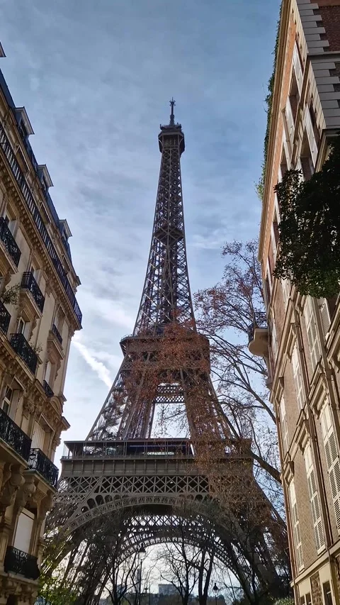 Low-angle view of the Eiffel Tower framed by elegant parisian residential buildi Stock Footage 325048191