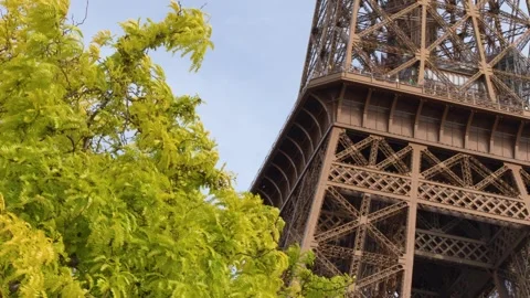 Low Angle View of the Eiffel Tower Behind Green Trees in Paris Stock Footage 334827718