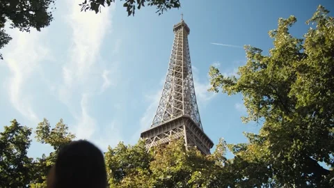 Low angle view of the Eiffel Tower framed by green tree branches Stock Footage 346386604