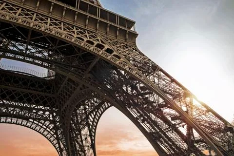 Low angle view of Eiffel Tower against sky during sunset 스톡 사진