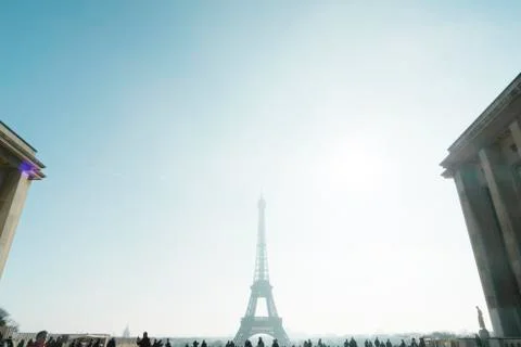 Low angle view of Eiffel tower against clear sky in city Stock Photos