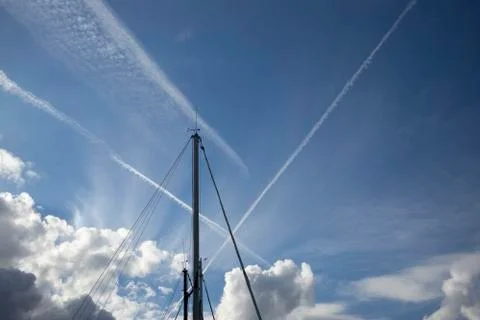 Low angle view of electricity pylons against sky, Ischia Island, Campania, Italy Stock Photos