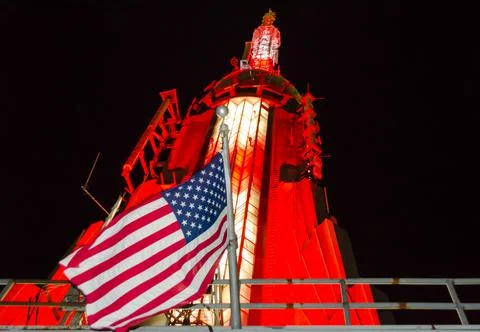 Low Angle View of Empire State Building Illuminated Antenna in New York City Stock Photos