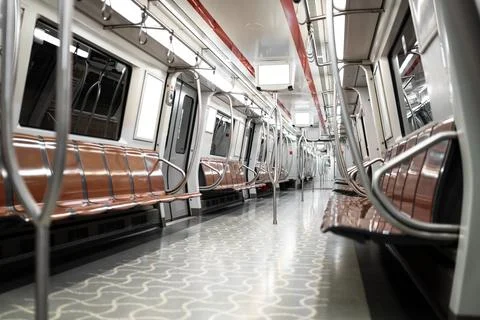 Low angle view of an empty modern metro train interior in Istanbul Stock Photos